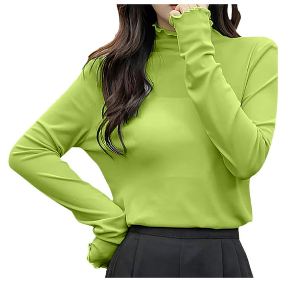 Plus Size Women's Thin See Through Mesh Long Sleeve T Shirt with Wood Ear Hem and Half Height Pile Neck Design