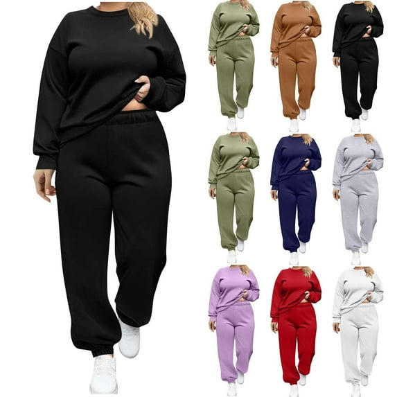 Plus Size Women's Tracksuit Set Pullover Sweatshirt and Jogging Pants Warm Sweatsuit Black XXXXL