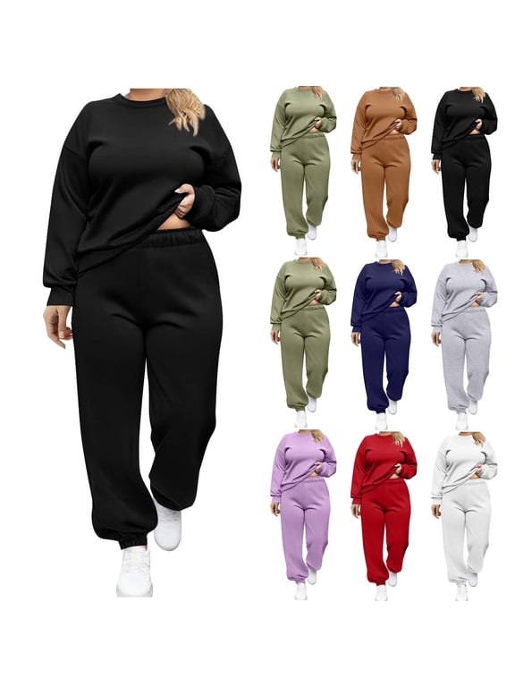 Plus Size Women's Tracksuit Set Pullover Sweatshirt and Jogging Pants Warm Sweatsuit Brown XXXXXL