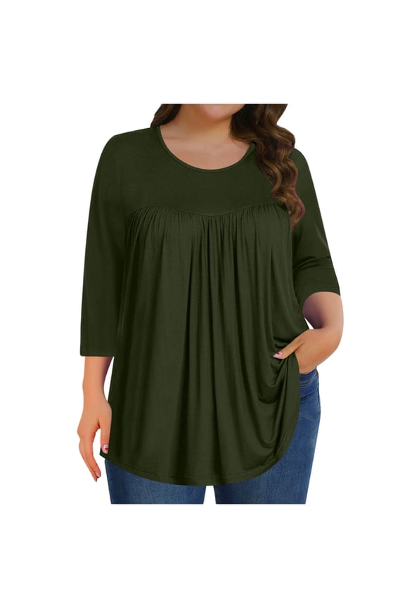 Plus Size Women's Tunic Tops Pleated Tshirts 3/4 Sleeve Clothes Swing Babydoll Top Long Sleeve Spring Summer Crewneck Blouse Flowy Shirts