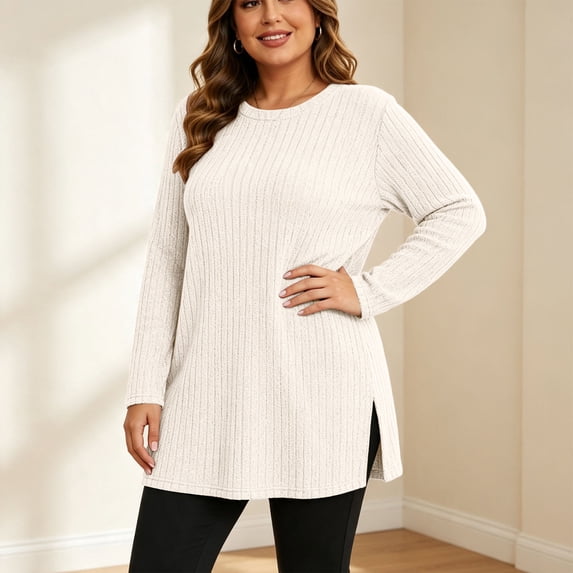 Plus Size Women's Tunic Tops Ribbed Knit Crewneck Long Sleeve Side Split Fall Soft Brushed Stretchy Relaxed Sweater XL-5XL