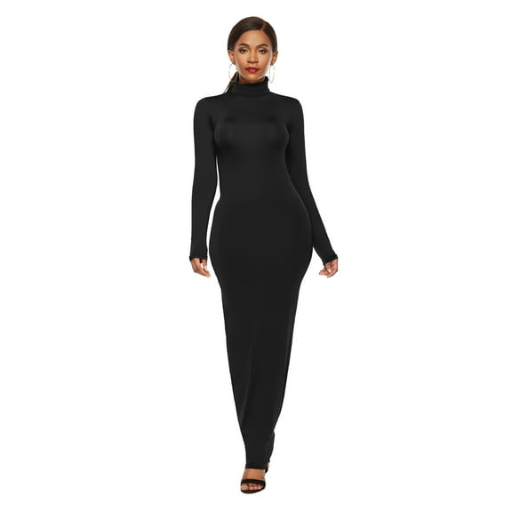Plus Size Women's Turtleneck Velvet Maxi Dress Long Sleeve Casual Wide Shoulder Pad Ruched High Neck Bodycon Dresses