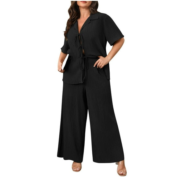 Plus Size Women’s Two Piece Outfit Tie Front T-Shirts and Wide Leg Pants Set Casual Summer Lounge Matching Sets