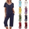 thumbnail image 1 of Plus Size Women's Two Piece Pajama Sets, Lightweight Breathable Relaxed Cut, V-Neck Short Sleeve Top Matches Capri Length Pants, Comfortable Pajama Party Lounge | TruHer,Yellow 4XL, 1 of 8