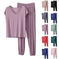 thumbnail image 1 of Plus Size Women's Two Piece All Season Comfort Pajama Sets, Gentle Soft Texture & Flowy Oversized Fit, V-Neck Short Sleeve Tops Matches Full Length Pants Lounge | TruHer,Purple 2XL, 1 of 6