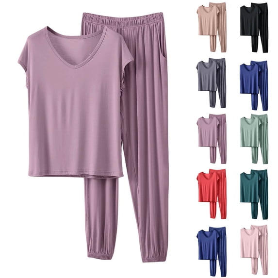 Plus Size Women's Two Piece All Season Comfort Pajama Sets, Gentle Soft Texture & Flowy Oversized Fit, V-Neck Short Sleeve Tops Matches Full Length Pants Lounge | TruHer,Purple 2XL