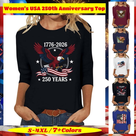 Plus Size Women's USA 250th Anniversary 3/4 Sleeve Printed Top, Round Neck Casual Pullover Blouse, Soft Lightweight Summer Fashion Shirt, American Flag, Size S-4XL