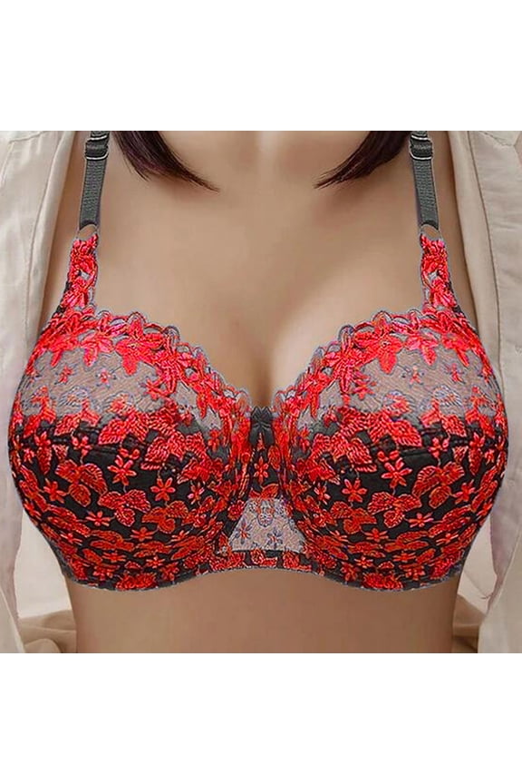 Plus Size Women's Ultra Thin Cup Lace Embroidery Underwire Push Up Bra, Full Coverage Everyday Wear Lingerie for Curvy Women Soft & Comfortable Bra Red 3XL