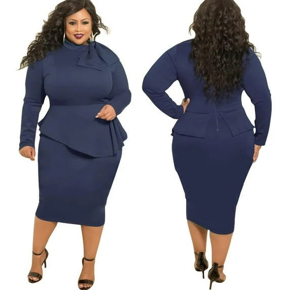 Plus Size Women's Urban Commuter Bowknot Long Sleeve Package Hip Pencil Dresses