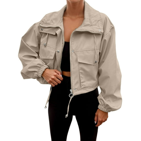 Plus Size Women's V Neck Casual Coat Lightweight Cropped Jacket Oversized Utility Anorak Outerwear for Everyday Wear