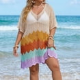 thumbnail image 1 of Plus Size Women's V-Neck Colorful Chevron Crochet Knit Cover-Up Dress, Short Sleeve Sheer Loose Casual Tunic, Lightweight Swimwear for Pool, Beach, Vacation and Casual Wear Beige Free Size, 1 of 5