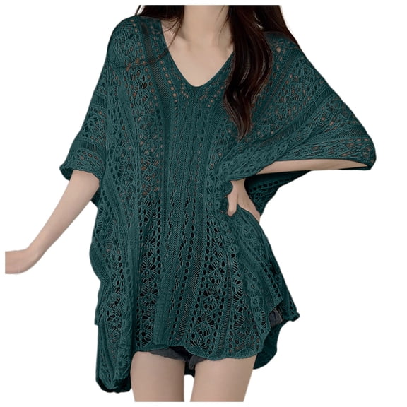 Plus Size Women's V Neck Fishing Net Sunscreen Loose Lazy Outside Hollow Out Sweater Comfortable Breathable Stylish Casual Top