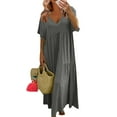 thumbnail image 1 of Plus Size Women's V-Neck Flowy Long Dress - Loose Fit Swing Short Sleeve Maxi Dress for Summer, Casual Wear, or Beach Cover-Up,Gray L, 1 of 5