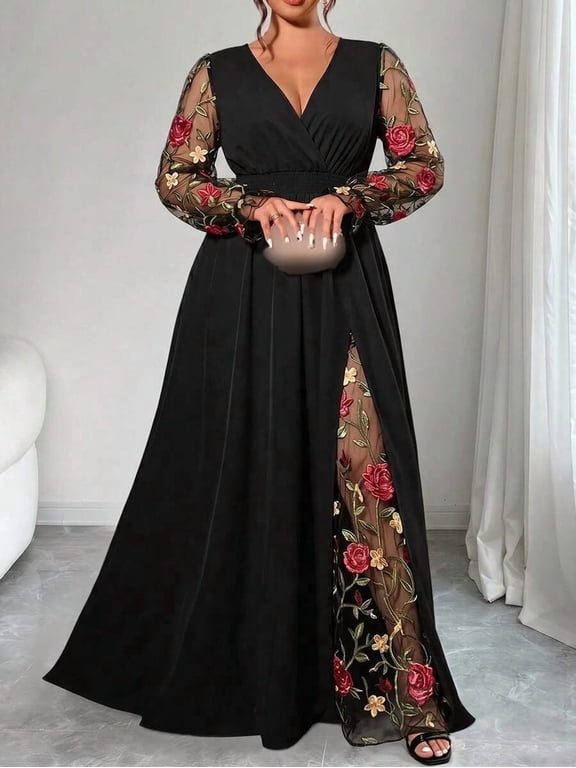 Plus Size Women's V-Neck Long Sleeve Maxi Dress, Embroidered Mesh Patchwork Split Dress, Cinched Waist A-Line Bottom, Elegant Party Wear