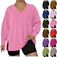 thumbnail image 1 of Plus Size Women's V Neck Long Sleeve Pullover Sweater Top Solid Color Hem Slit Loose Fit Casual Fashion Tunic for Fall Winter | CSEONE,Watermelon Red L, 1 of 8