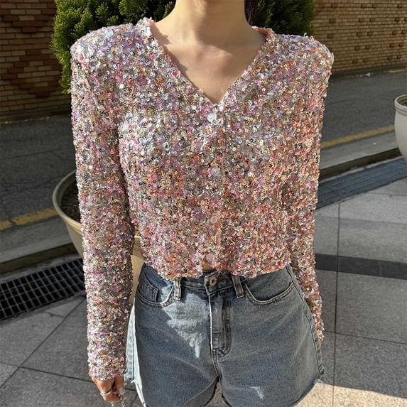 Plus Size Women's V-Neck Long Sleeve Sequin Decorative Fashion Crop Top with Buttons
