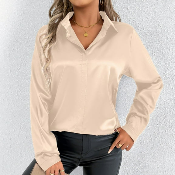 Plus Size Women's V Neck Satin Blouse Shirt Dress Long Sleeve Casual Vacation Tunic Top For Spring Fall Basic Solid Color Elegant Outfit Women Button down Work Out Shirt for Women Extended Shirt for