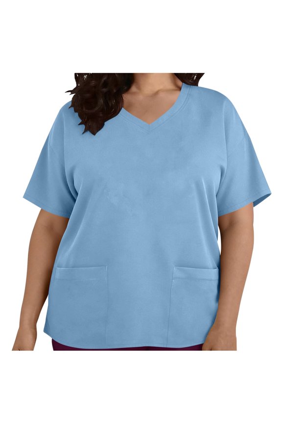 Plus Size Women's V-Neck Scrub Top with Multi-Pockets, Stretch Mock Wrap Nurse Tunics, Oversize Medical Uniform Workwear