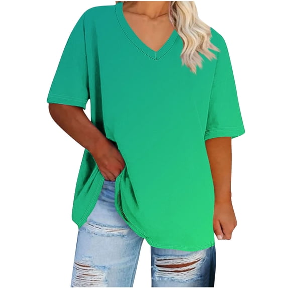 Plus Size Women's V-Neck Short Sleeve Color Block T-Shirt, Casual Summer Basic Tee for Everyday Wear