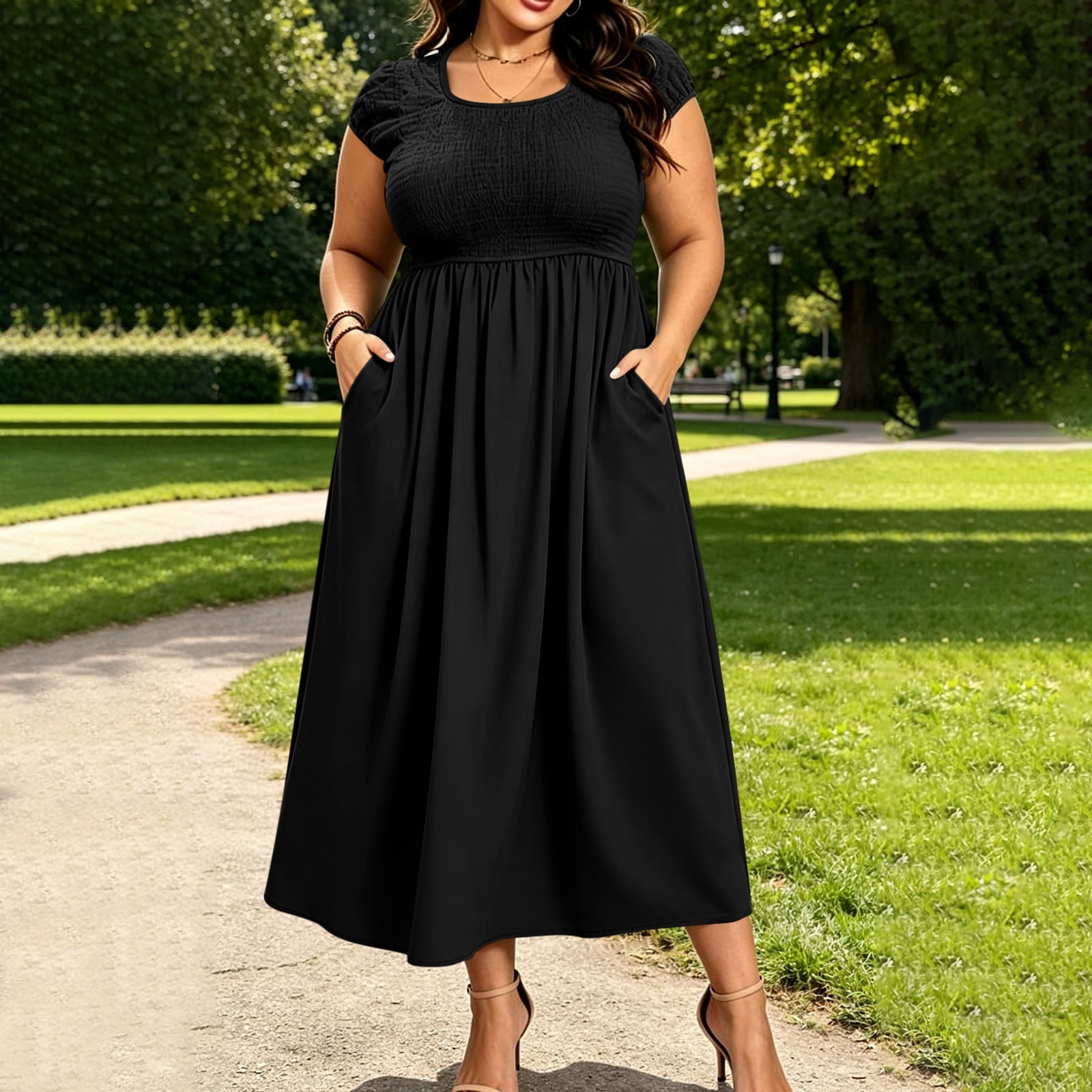 plus size smocked midi dress DEUUZHENQI Plus Size Womens V Neck Smocked Midi Dress, Short Sleeve Flowy Casual Maxi Dress with Pockets for Summer Beach Vacation, Women's, Size: 3XL
