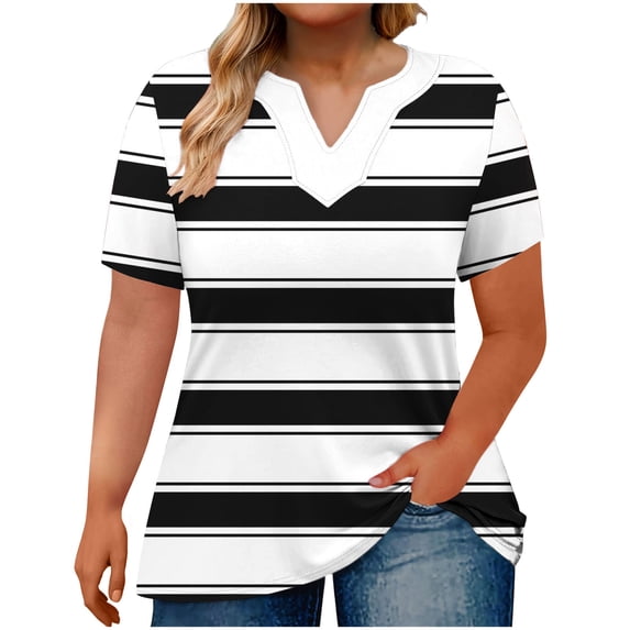 Plus Size Women's V-Neck Striped Short Sleeve T-Shirt, Casual Comfort Top for Everyday Wear