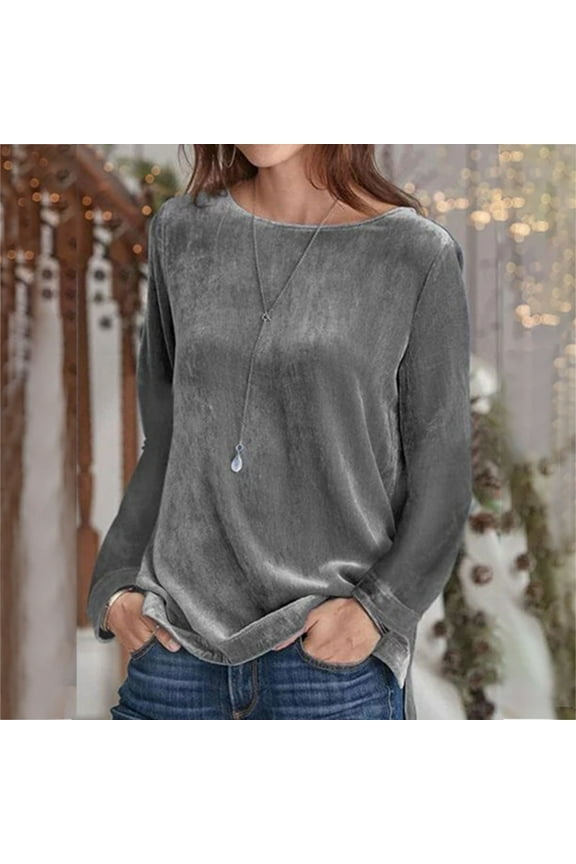 Plus Size Women's Velvet Fluffy Long Sleeve Tunic Tops Crewneck Vintage Blouse Casual Solid Color Velour Pullover Shirt
