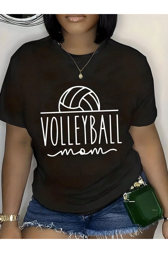 Plus Size Women's Volleyball Mom Graphic T-Shirt - Black With White Print, Casual Short Sleeve Round Neck, Slight Stretch, Breathable & Machine Washable For Spring & Summer Comfort