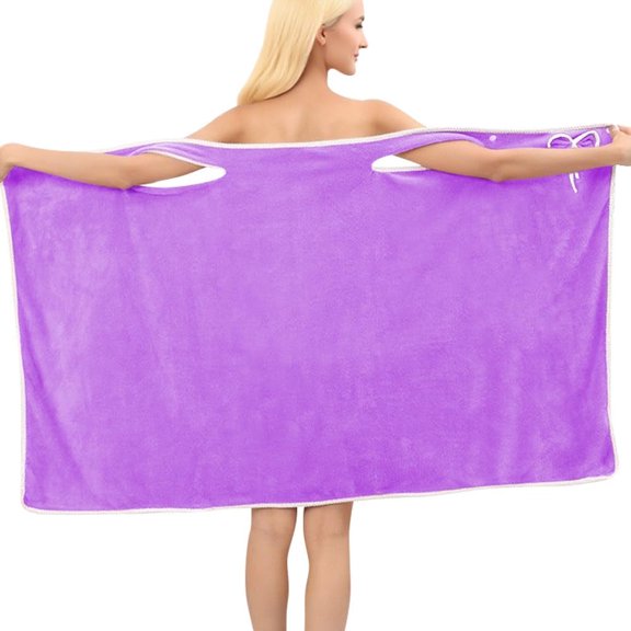 Plus Size Women's Wearable Shower Skirt, 2-Button Closure design with pockets, Soft Coral Fleece, Wearable Bath Towel for Women Soft and Thickened Absorbent Gift for Your Lover (Purple)