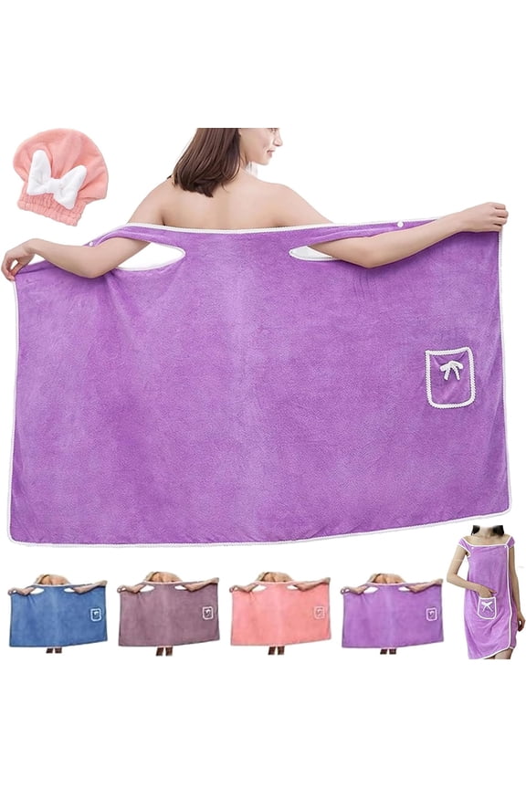 Plus Size Women's Wearable Shower Skirt, Quick Dry Water Absorption Bath Towel Wrap Dress with Bow Tie, Soft Bath Wrap