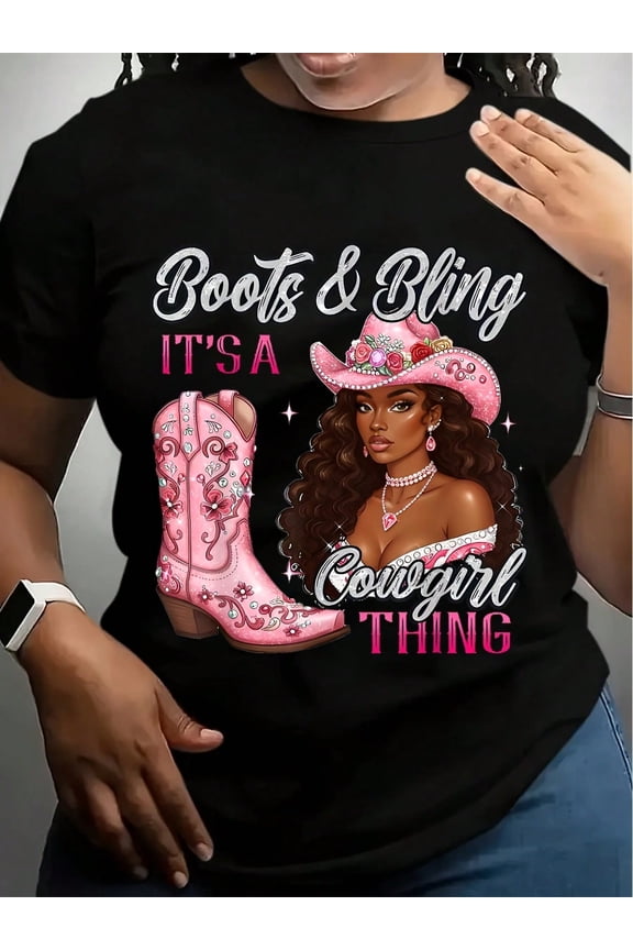 Plus Size Women's Western Cowboy Boots And Printed Tee - "Ground Boots Graphic" Crew Neck Short Sleeve Top - Breathable And Comfortable Casual Wear, Everyday Wear ，Regular Fit