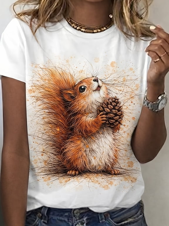 Plus Size Women's White Squirrel And Pinecone Print T-Shirt Crew Neck Casual Cute For Everyday Wear Vacation Holiday