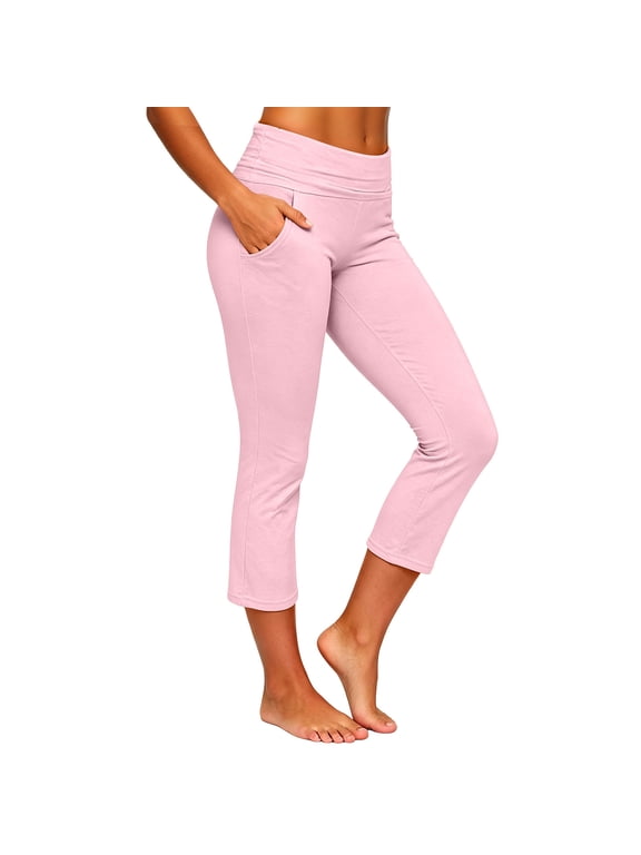 Plus Size Women's Wide Waistband Capri Yoga Pants Soft Stretch Flared Pants Tummy Control Workout Lounge Leggings Streetwear Pink