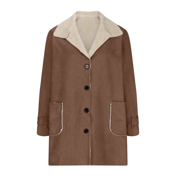 Plus Size Women's Winter Coat Lined Suede Peacoat Lapel Collar Button Down Warm Outwear With Pockets