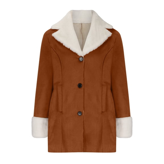 Plus Size Women's Winter Coat Lined Suede Peacoat Lapel Collar Button Down Warm Outwear with Pockets