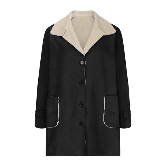 Plus Size Women's Winter Coat Lined Suede Peacoat Lapel Collar Button Down Warm Outwear with Pockets