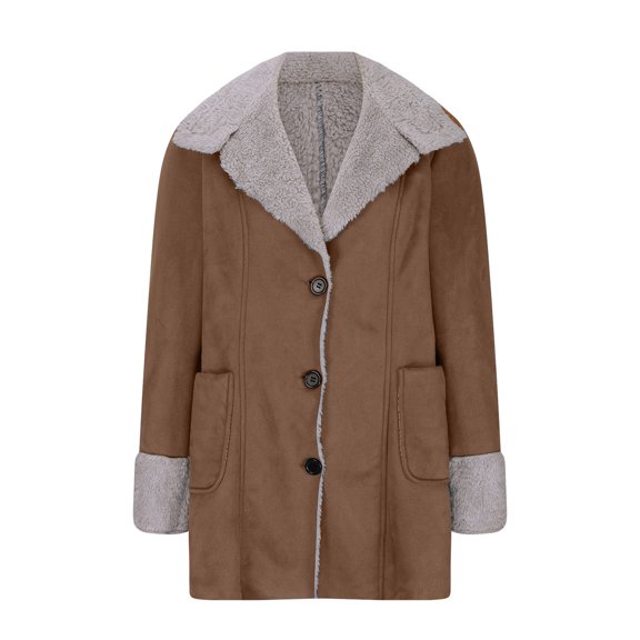 Plus Size Women's Winter Suede Peacoat with Lapel Collar Warm Button Down Coat for Cold Weather Outwear