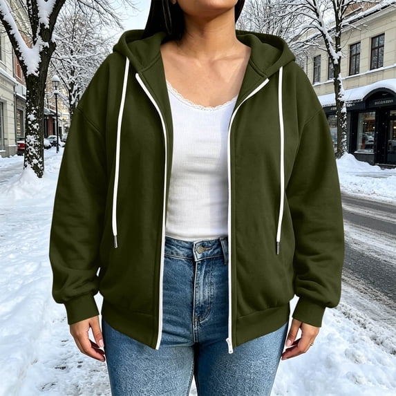 Plus Size Women's Zip up Hoodie Solid Drawstring Hood Long Sleeve Basic Casual Sweatshirt Outerwear Green XXL