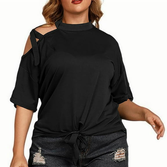 Plus Size Women’s off Shoulder T-Shirts Crew Neck Strappy Loose Tees Summer Fashion Short Sleeve Tops,Black,5XL