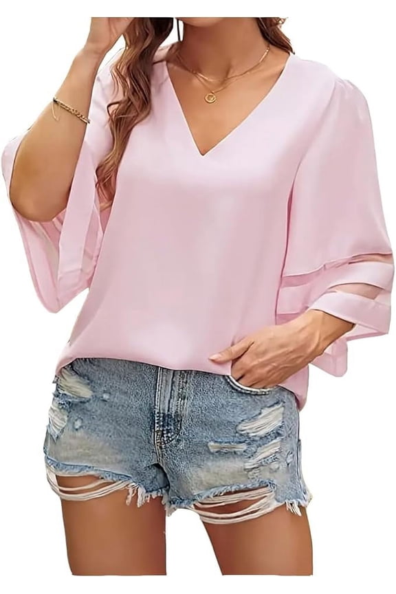 Plus-Size Women's top Solid Color V-Neck Flared Sleeves Loose Short Sleeves