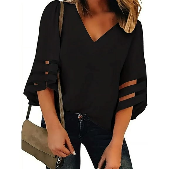 Plus-Size Women's top Solid Color V-Neck Flared Sleeves Loose Short Sleeves