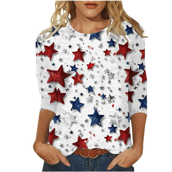 Plus Size Womens 3/4 Length Sleeve Tops for 4th of July Independence Day Outfits Fashion USA Flag Star Stripes Graphic Crewneck Tunic Top Classic Patriotic American Flag Graphic Tees Casual Blouses