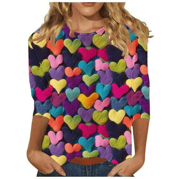 Plus Size Womens 3/4 Sleeve Tops Cute 3D Fruit Print T Shirts Casual Crewneck Tunic Basic Tee Shirt