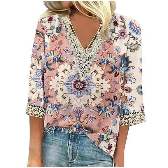 Plus Size Womens 3/4 Sleeve V Neck T Shirts Tops Vintage Floral Print Tees Graphic Casual Lace Fashion Tunic Blouse