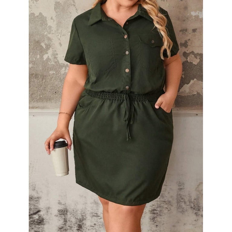 plus size green mini dress Womens Army Shirt With Elastic Waist, Half-Open Front, Short Sleeve, Casual Utility Dress no:Z030569
