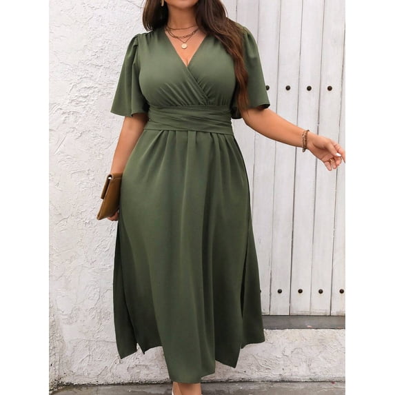 Plus Size Womens Army Green Solid V-Neck Wrap Short Sleeve Midi Dress