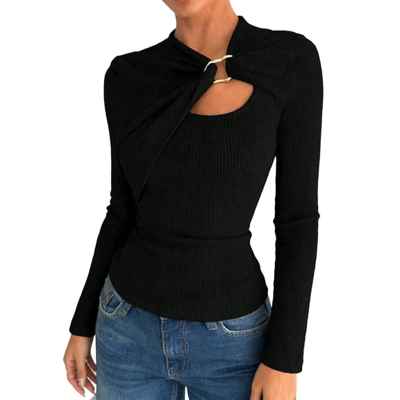 Plus Size Womens Asymmetrical Draped Blouse Solid Color Long Sleeve V Neck Cutout Detail Metallic Buttons Spring Top Black L