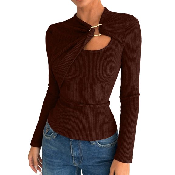Plus Size Womens Asymmetrical Draped Blouse Solid Color Long Sleeve V Neck Cutout Detail Metallic Buttons Spring Top Brown M