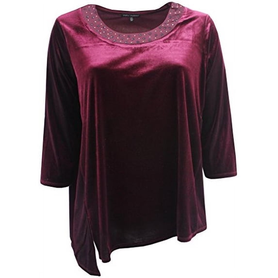 Plus Size Womens Asymmetrical Rhinestone Stylish Top Shirt Blouse Clothing Wine 1X (16.022)