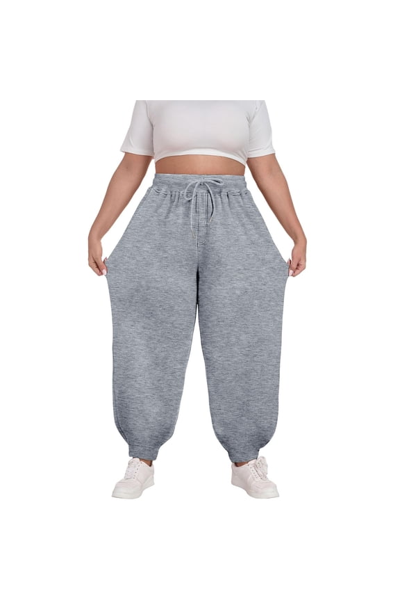 Plus Size Womens Baggy Wide Leg Pants Elastic Waist Loose Palazzo Harem Pants Loose Fit Tapered Fleece Lined Active Sweatpants with Pockets