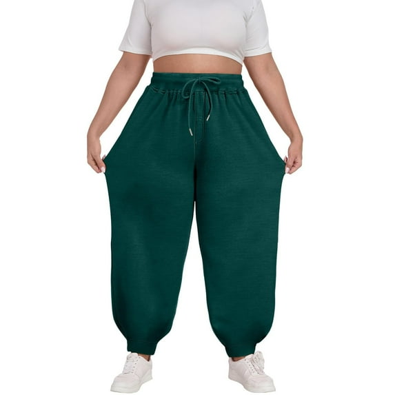 Plus Size Womens Baggy Wide Leg Pants Elastic Waist Loose Palazzo Harem Pants Loose Fit Tapered Fleece Lined Active Sweatpants with Pockets